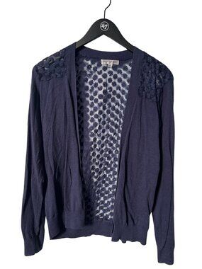DE Collection Cardigan Sweater Medium Embroidered Mesh Open Front Navy Cozy Knit